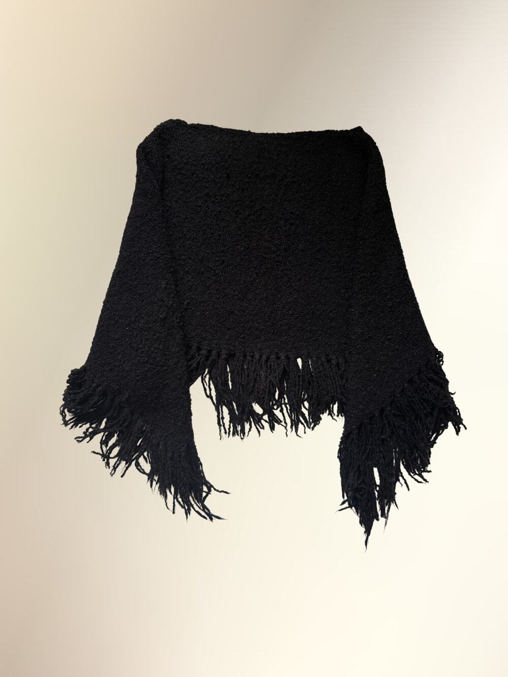 Vintage Handmade Black Knit Fringe Asymmetrical Poncho Shawl One Size